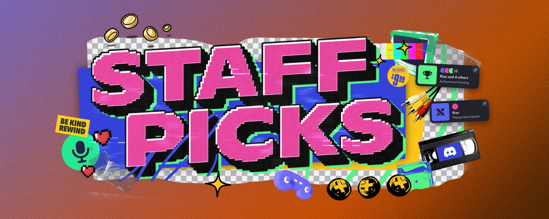 A stylized header that says “Staff Picks.” Icons and imagery of gamepads, microphone icons, VHS tapes, and in-app Activity statuses. 