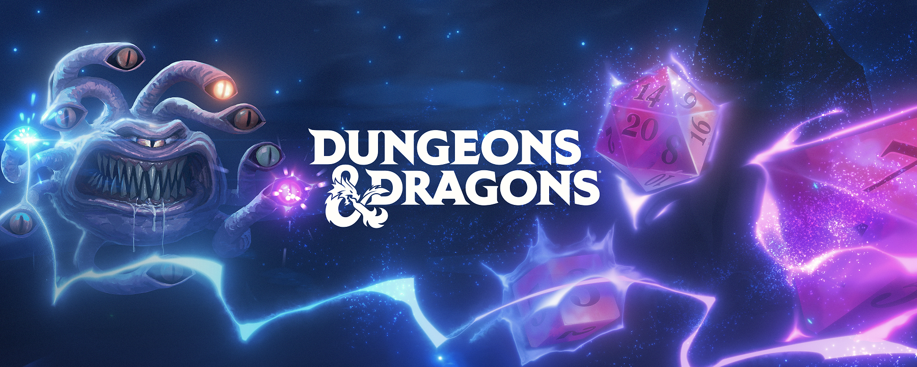 The Dungeons & Dragons logo over an astral background. Behind the logo, a Beholder from Dungeons & Dragons casts forward a set of dice towards the viewer. 
