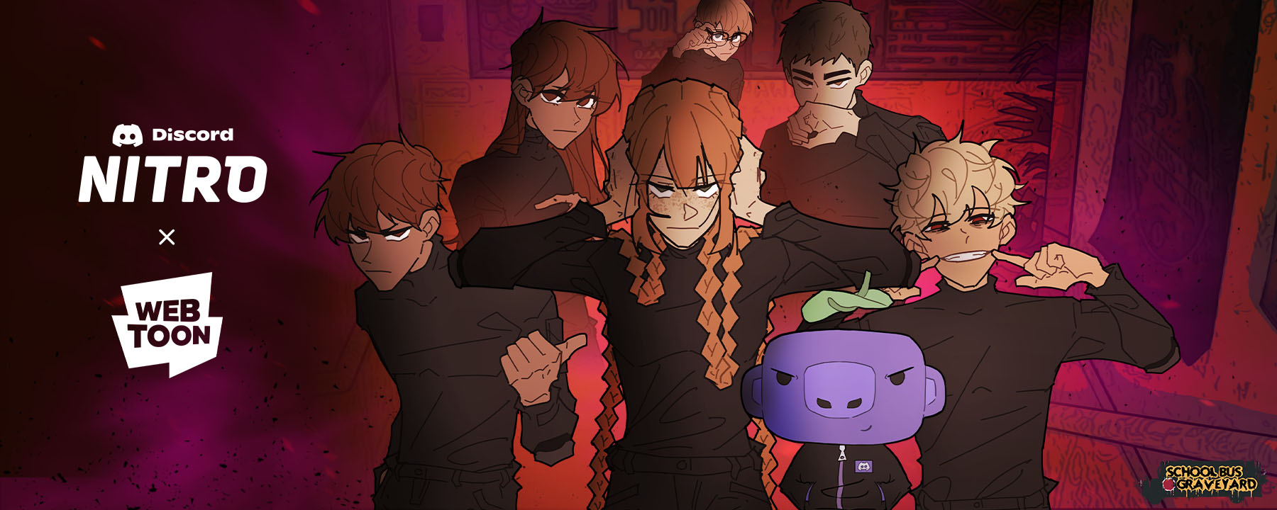 The cast of School Bus Graveyard alongside Wumpus. The logos “Discord Nitro, WEBTOON, and School Bus Graveyard” are shown.