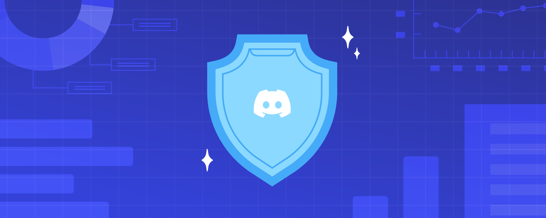 The Discord logo placed on a shield, hovering over a blurple background filled with illustrations of charts and graphs. 