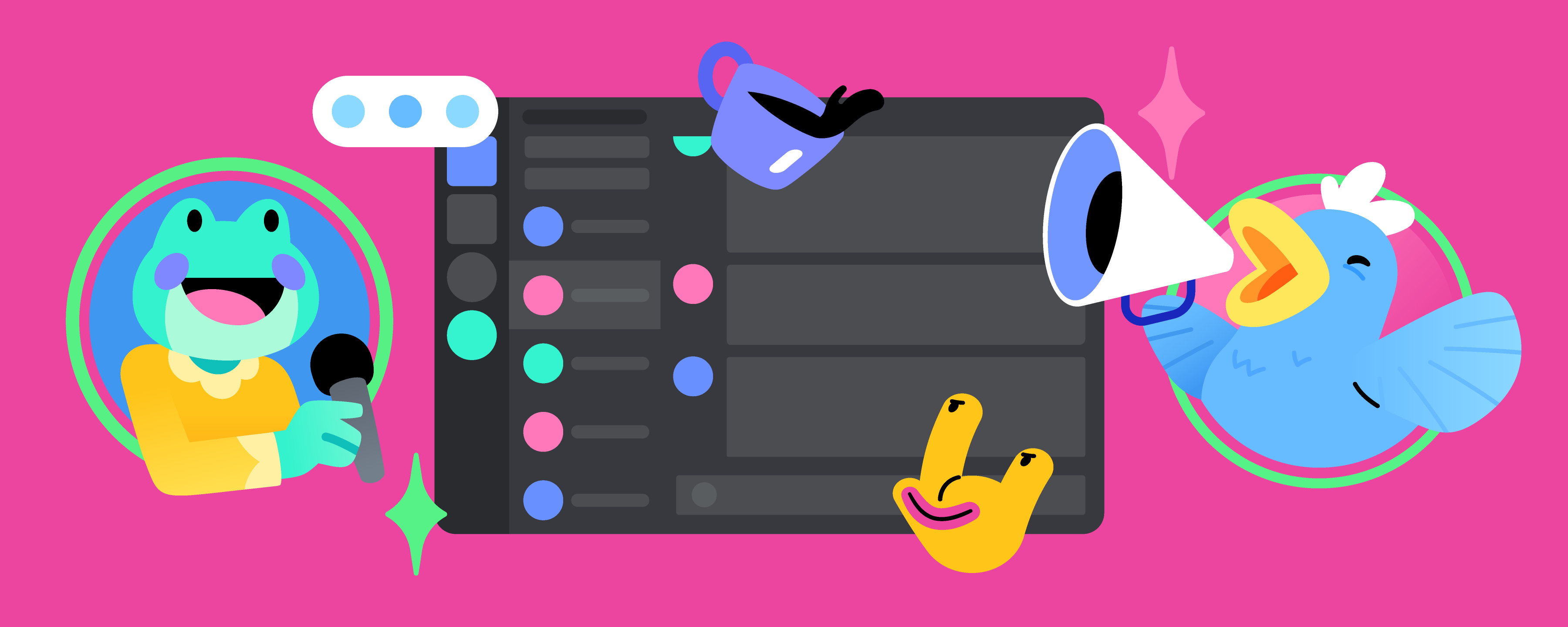 A simplified depiction of the Discord app for desktop, surrounded by floating friends chatting away. 