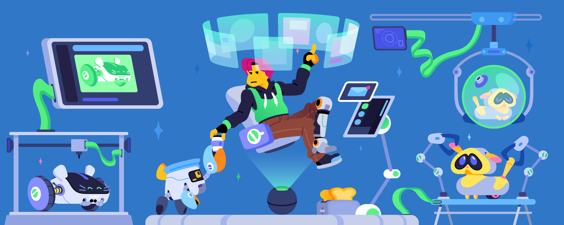 A person representing someone who creates apps for Discord works in their laboratory. There are helpful robots, science experiments and floating monitors aplenty.