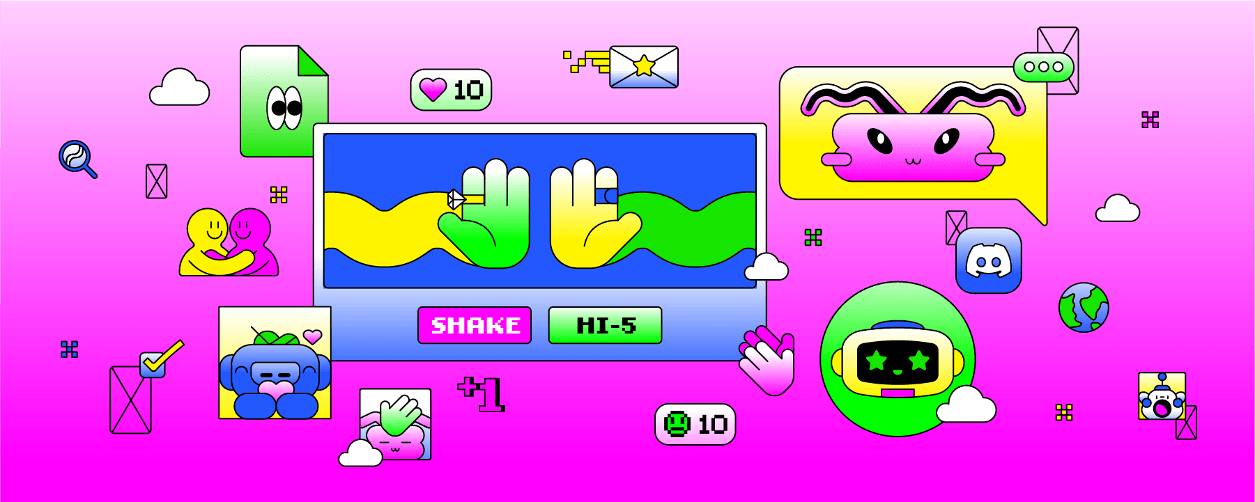 Abstract artwork of Discord-themed emojis on a bright background. 