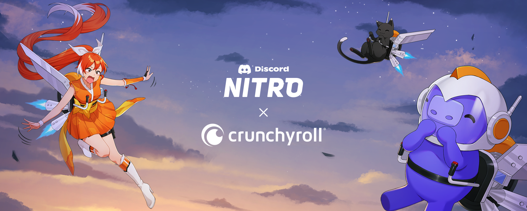 The mascots of Discord (Wumpus) and Crunchyroll (Hime), along with a black cat, are soaring through the sky. All three are using jetpacks. Hime looks as if they’re having trouble with the jetpack, and Wumpus us giggling as they watch Hime learn to fly. The logos for Discord Nitro and Crunchyroll are between them all. 