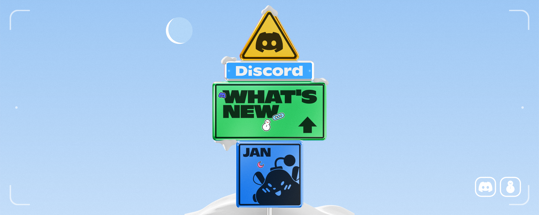 Stacked street signs reading "Discord", "What's New", and "Jan".