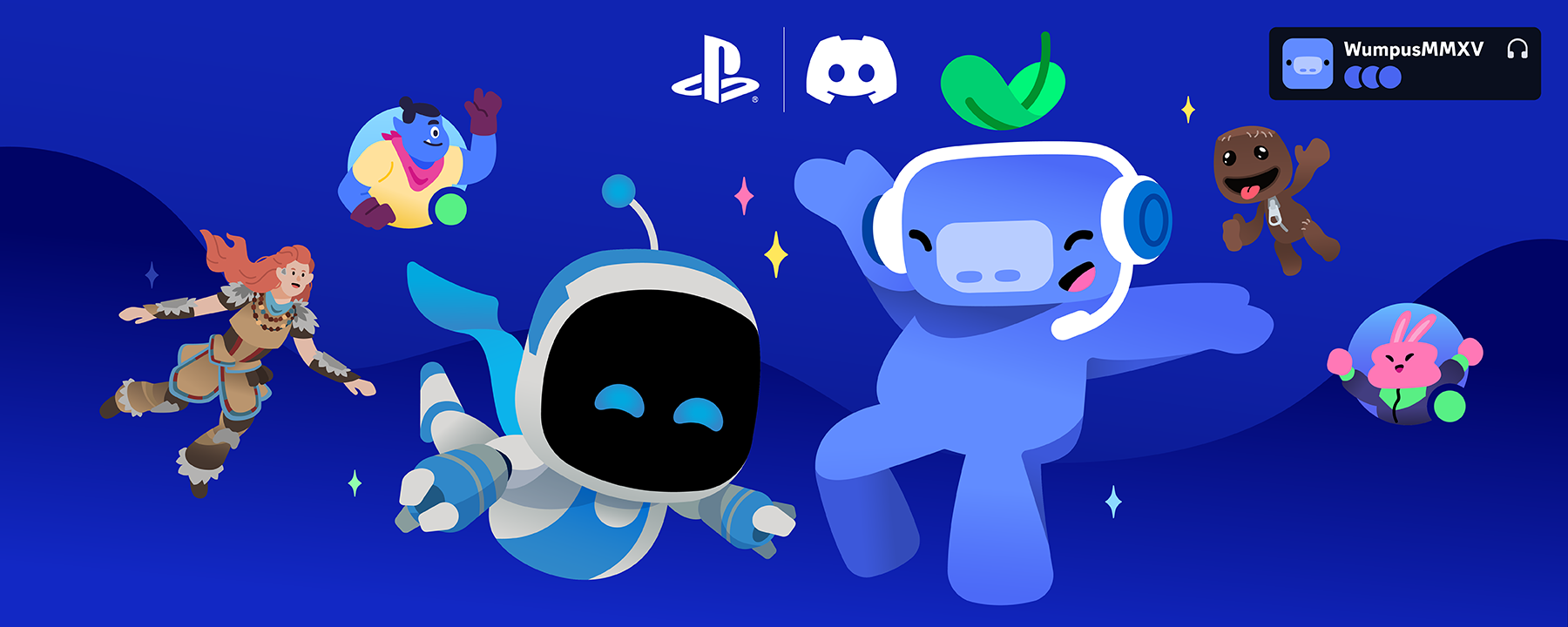 The Discord and PlayStation mascots, Wumpus and Astrobot, alongside other PlayStation game title characters.