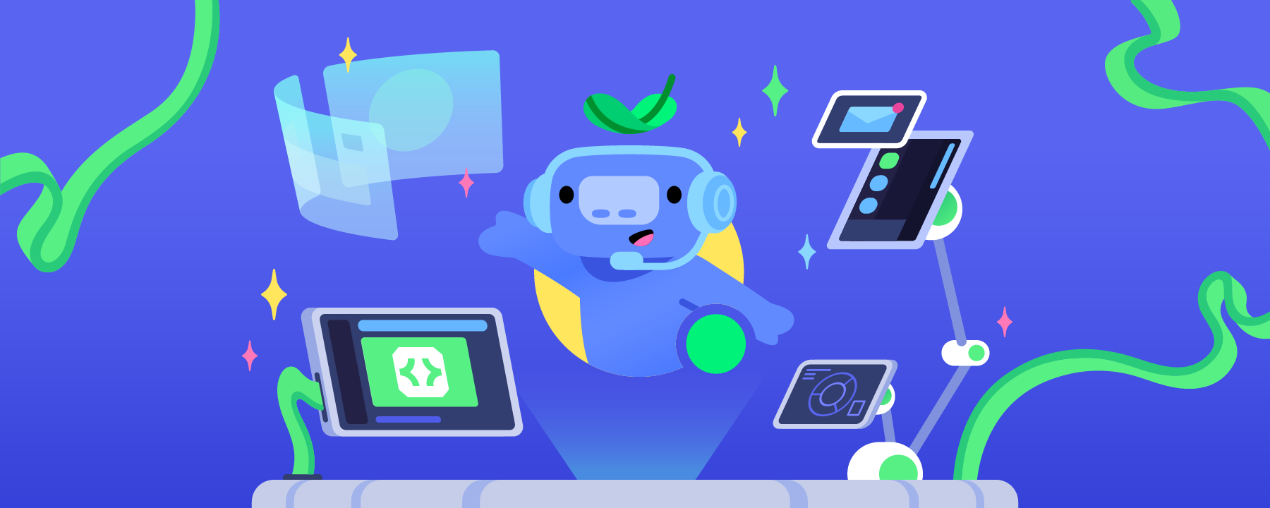 Wumpus is surrounded by monitors designed for development.