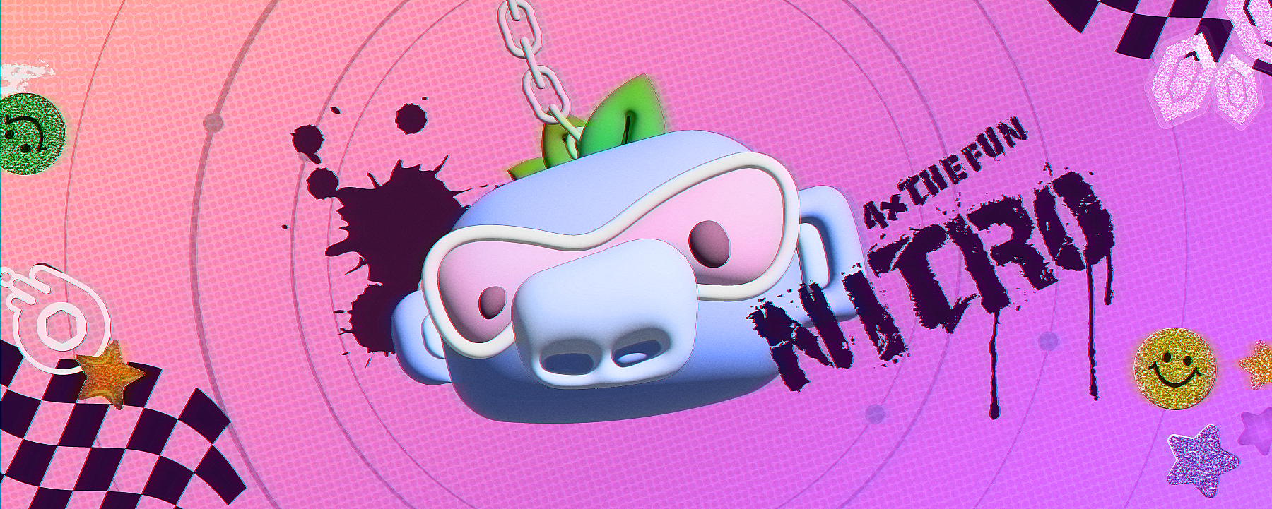A 90s style grungy art piece of a Wumpus keychain. Wumpus is wearing pink sunglasses and there are glittery stickers surrounding them.
