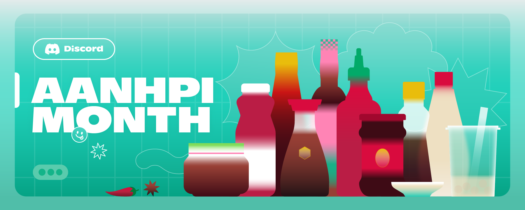 The words “Discord AANHPI Month” alongside a handful of various spices, sauce bottles, a bubble tea drink, and a red pepper.