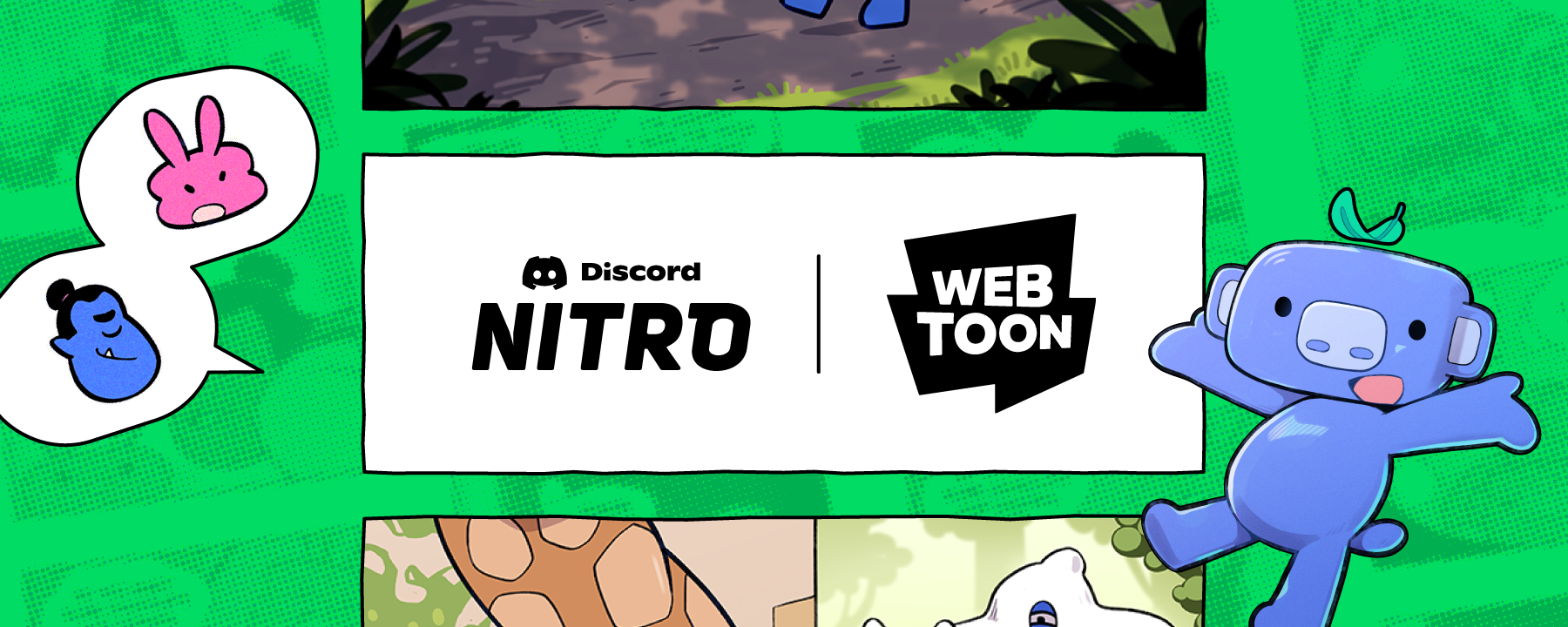 Wumpus proudly showing off the Discord Nitro and WEBTOON logos side by side. 