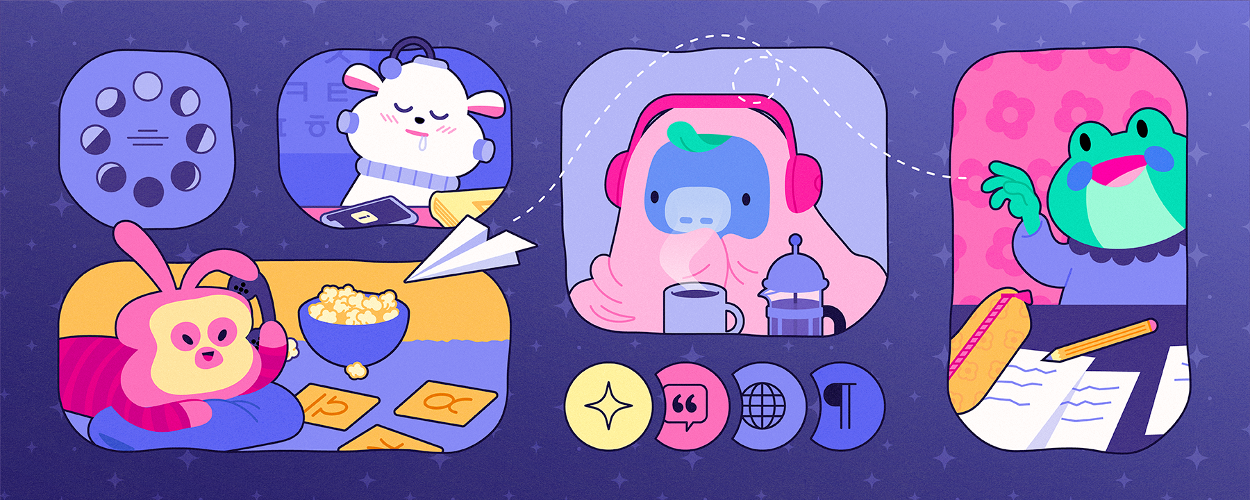 Four friends doing a variety of activities together, including studying, brewing coffee, and tossing paper airplaces to each other. 