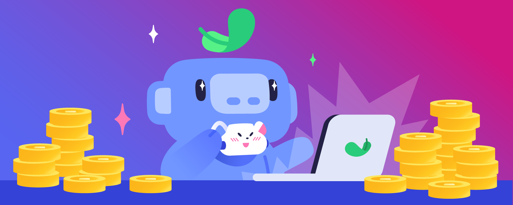 An art piece of Wumpus sipping a drink and using their laptop. Piles of giant gold coins are on Wumpus’ desk. Their eyes are starstruck at what they’re seeing on the monitor. 