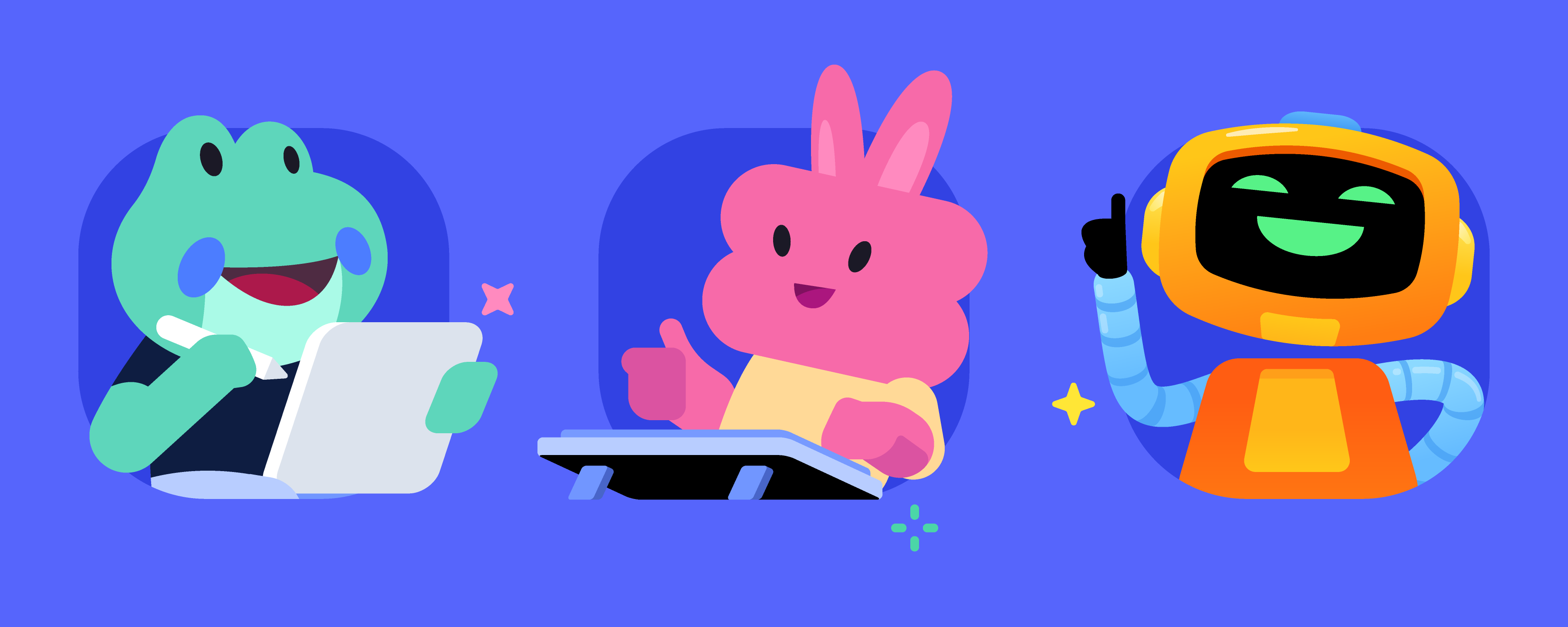 Three friends are getting creative together. Two of them are drawing on art tablets and collaborating together, while a third has their hand pointed upwards, seemingly giving them direction on their creative project.