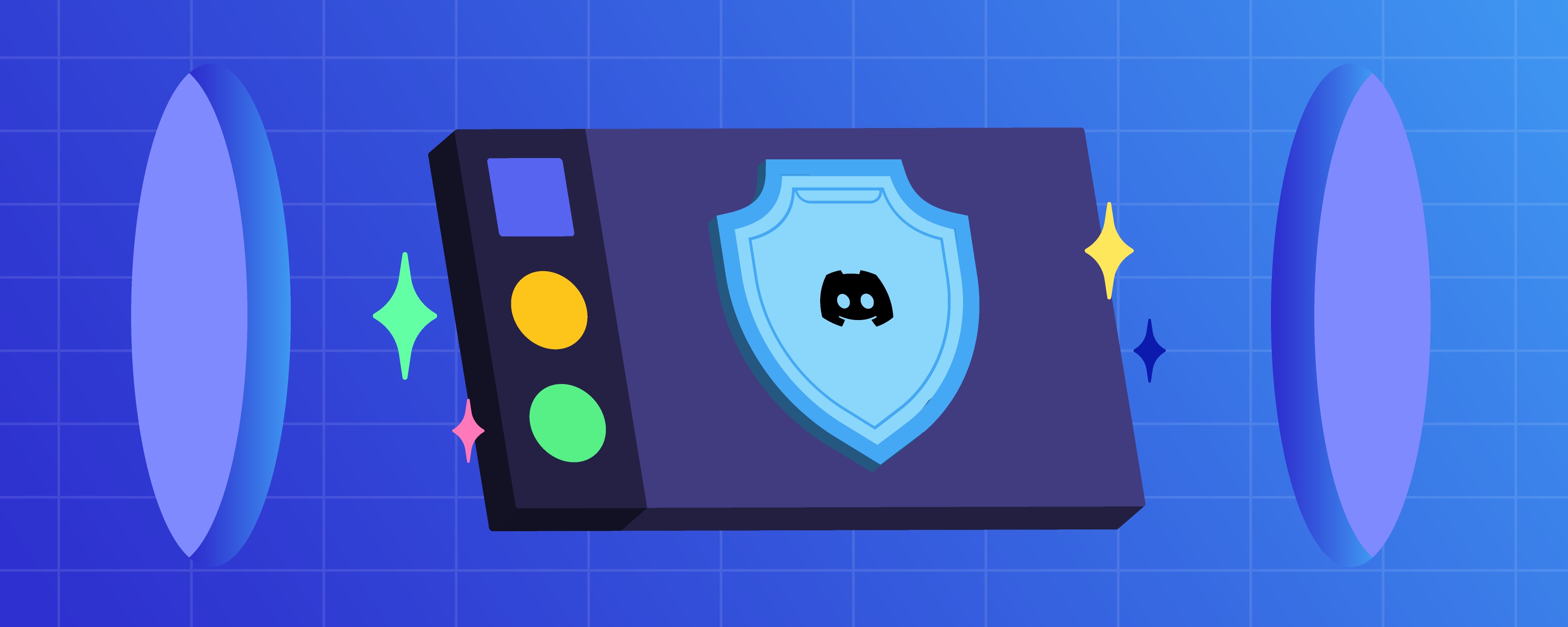 A depiction of Discord transporting between two portals. 