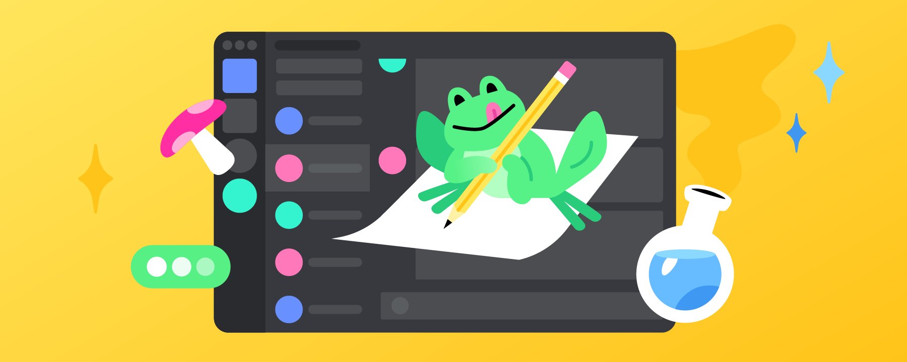 A frog writing on a piece of paper, in front of a stylized version of Discord. 