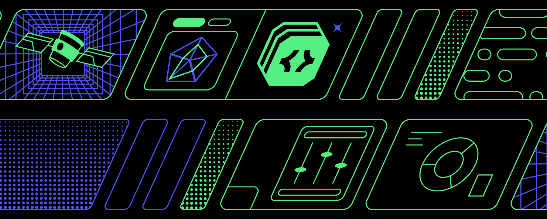 A neon collage of developer iconography, including the Active Developer badge, a coffee cup satellite and all sorts of knobs and screens.
