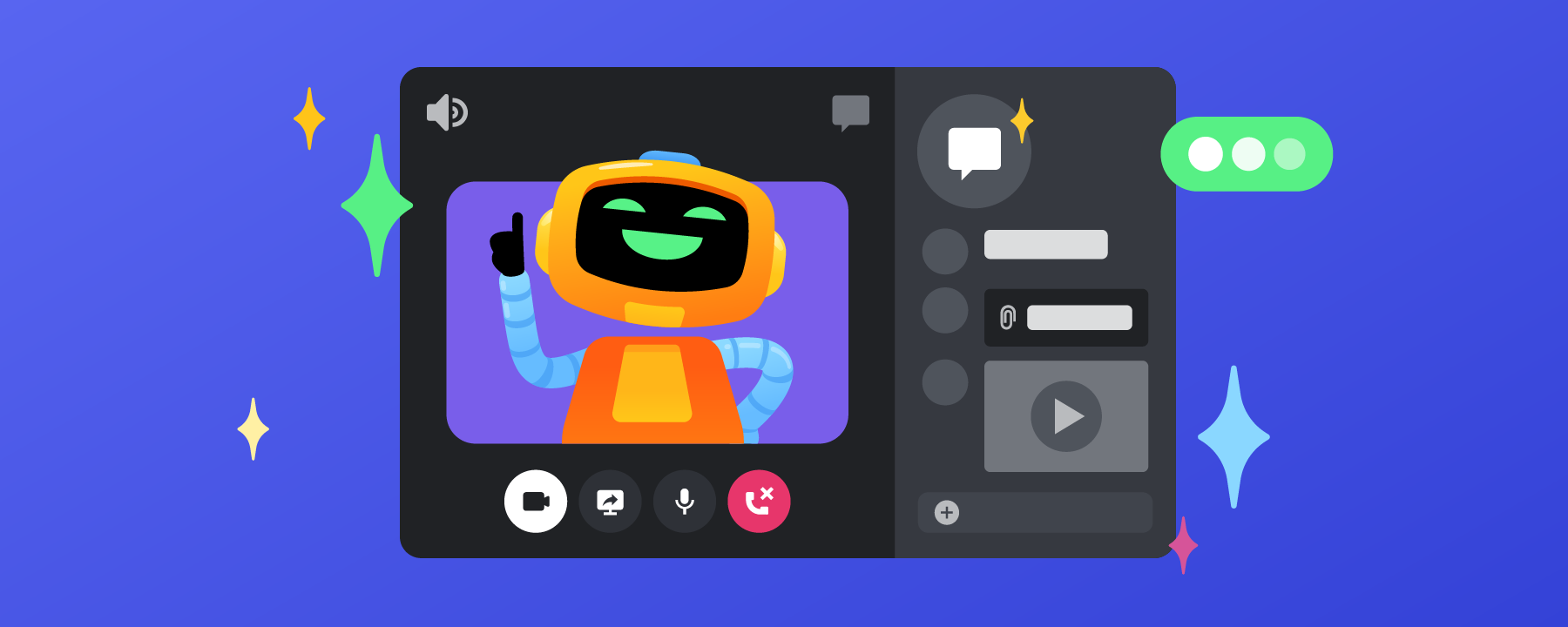 Clyde, a robot, conversing in a Discord voice call. Files and videos are attached to the text conversation.