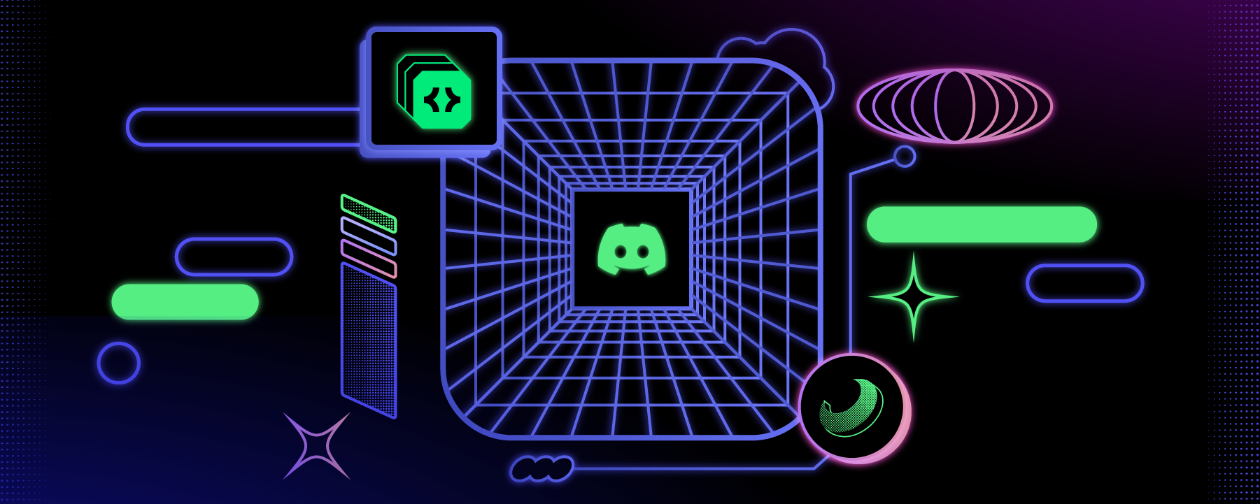 An art piece depicting the Discord logo among developer-themed iconography and visuals, including wireframes, brackets, clouds, and chat bubbles. 