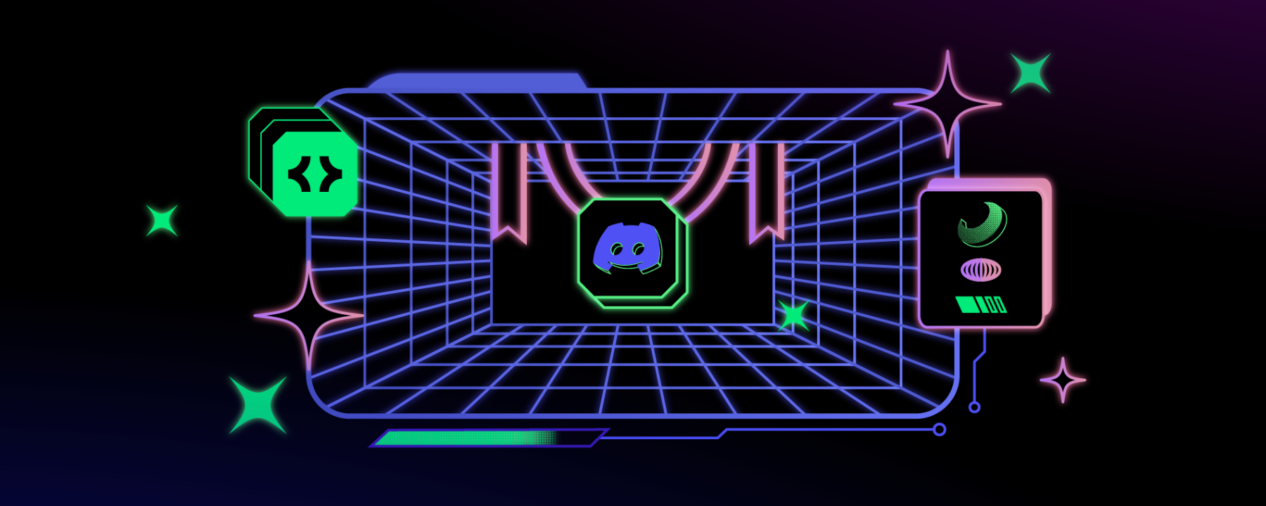 An art piece depicting the Discord logo among developer-themed iconography and visuals, including wireframes, brackets, meters, and banners. 