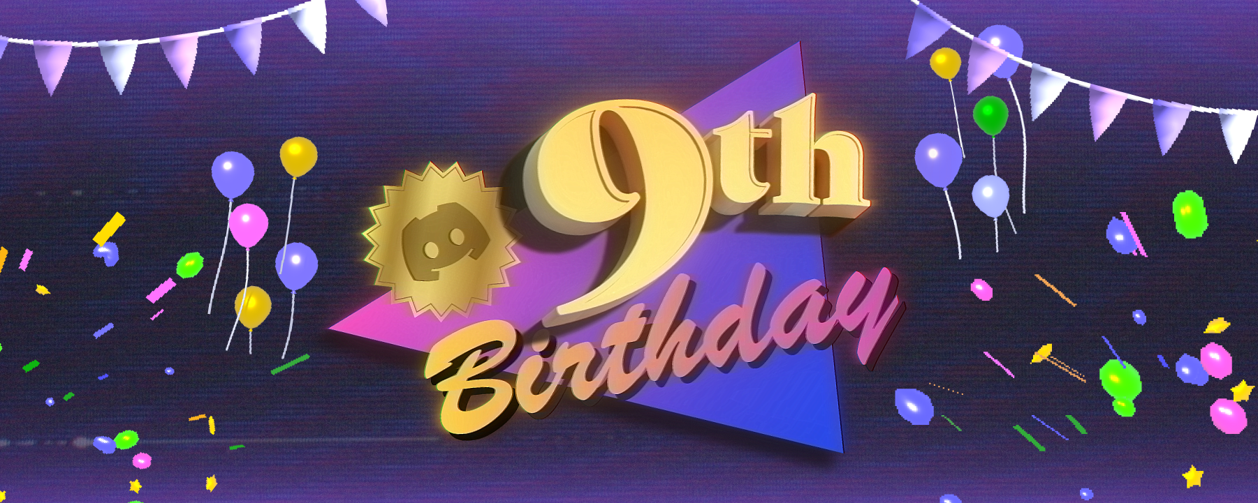 A banner reading "9th Birthday" with a gold logo sticker, surrounded by party streamers, balloons, and confetti.