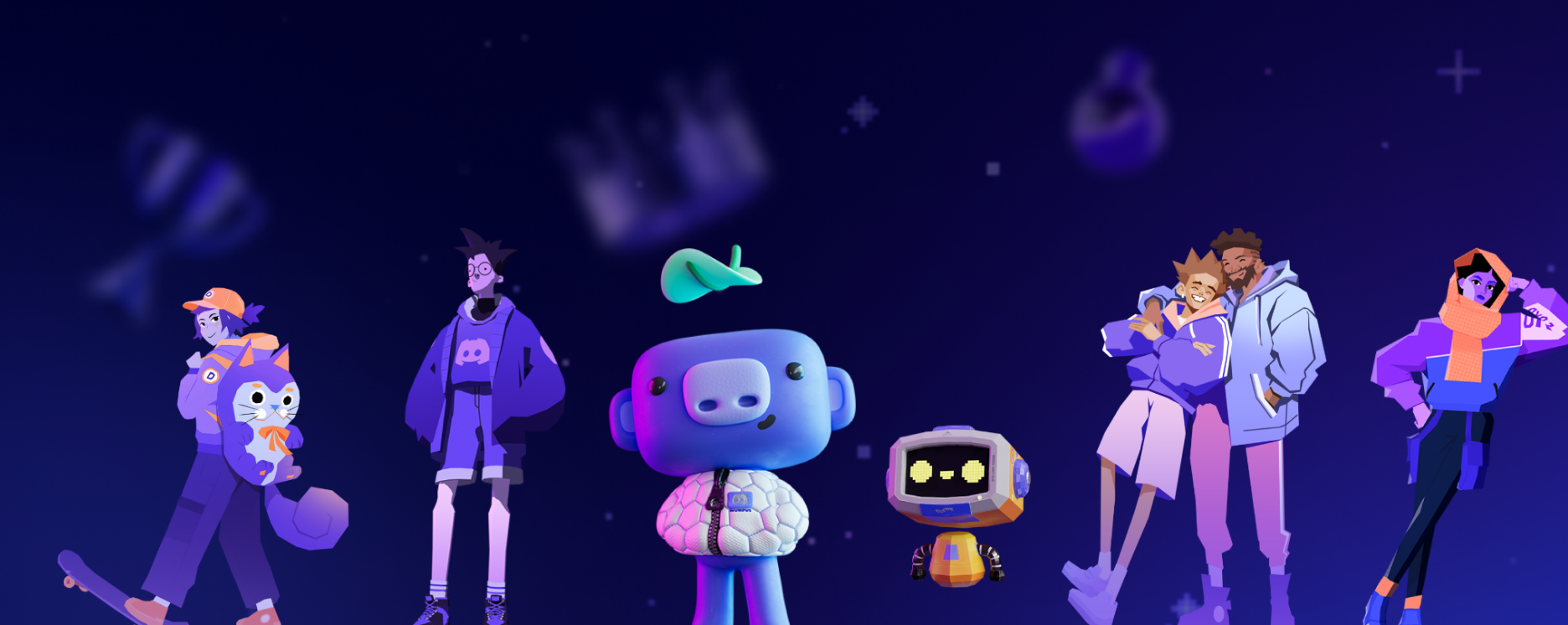 A 3D-rendered Wumpus sporting a new puffer jacket next to a more digitally-stylized 3D Clyde. Next to them are a handful of 2D friends, all hanging out and wearing Discord-themed streetwear.