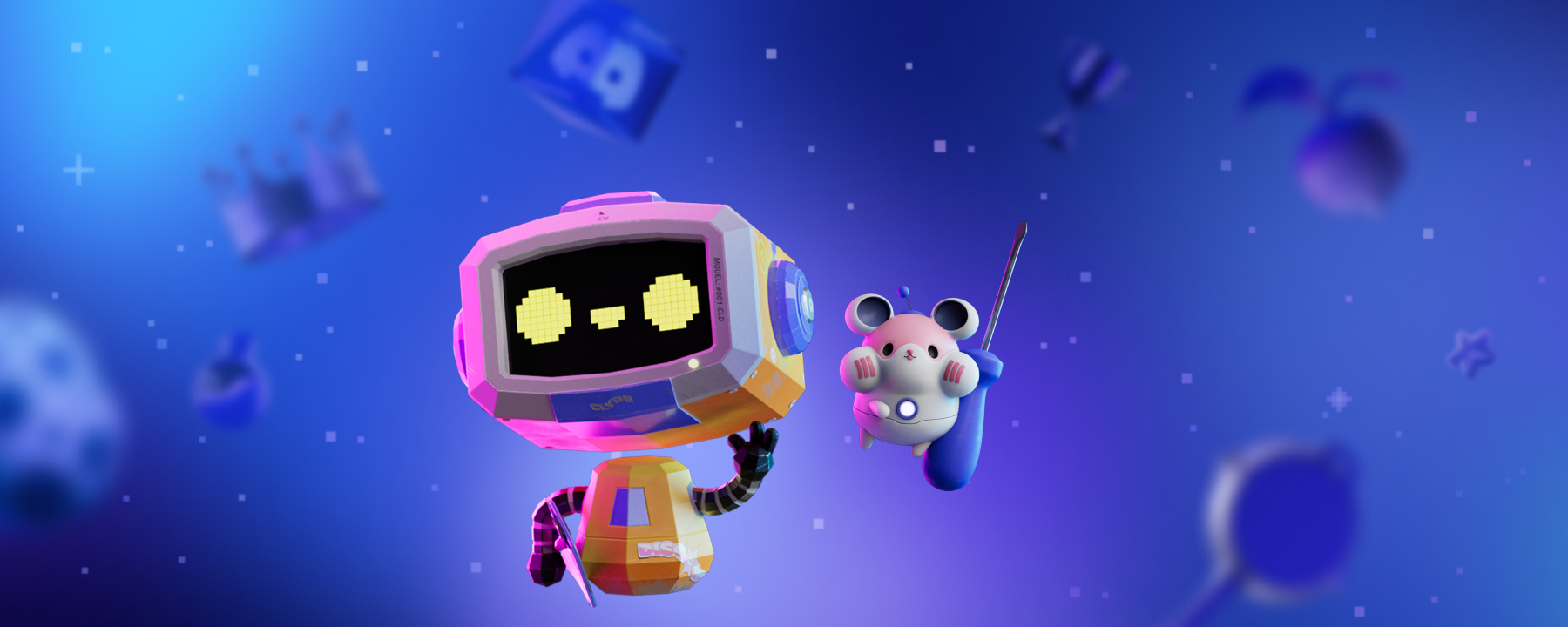Clyde and Nelly against a dark, blurred background. Icons of crowns, trophies, stars, and other gaming-related objects float in the distance. 