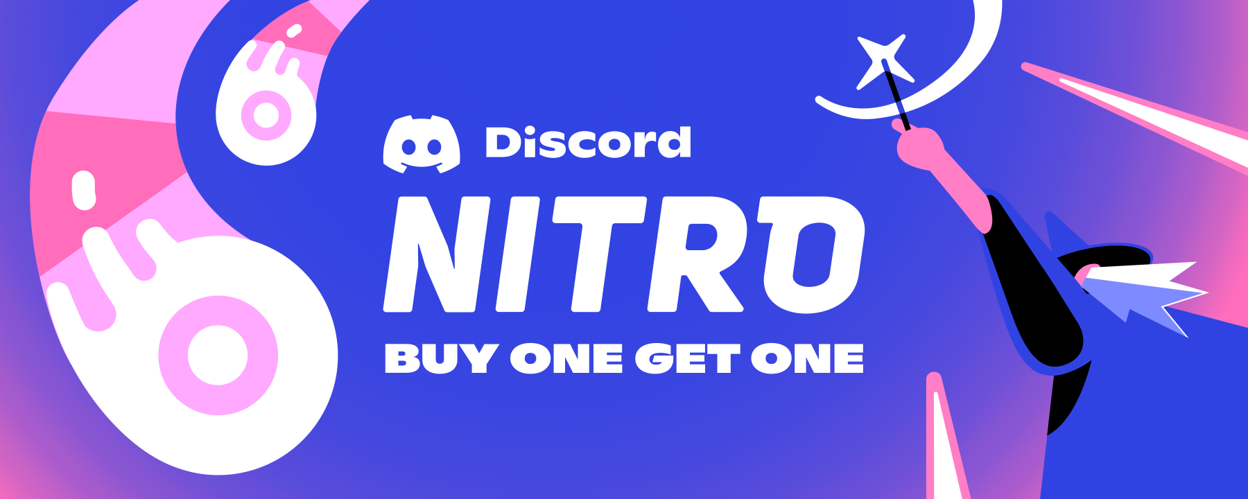 A banner that says “Discord Nitro, Buy One Get One.” A wizard is casting fireballs into the sky with Nitro logos on them from his magic wand.