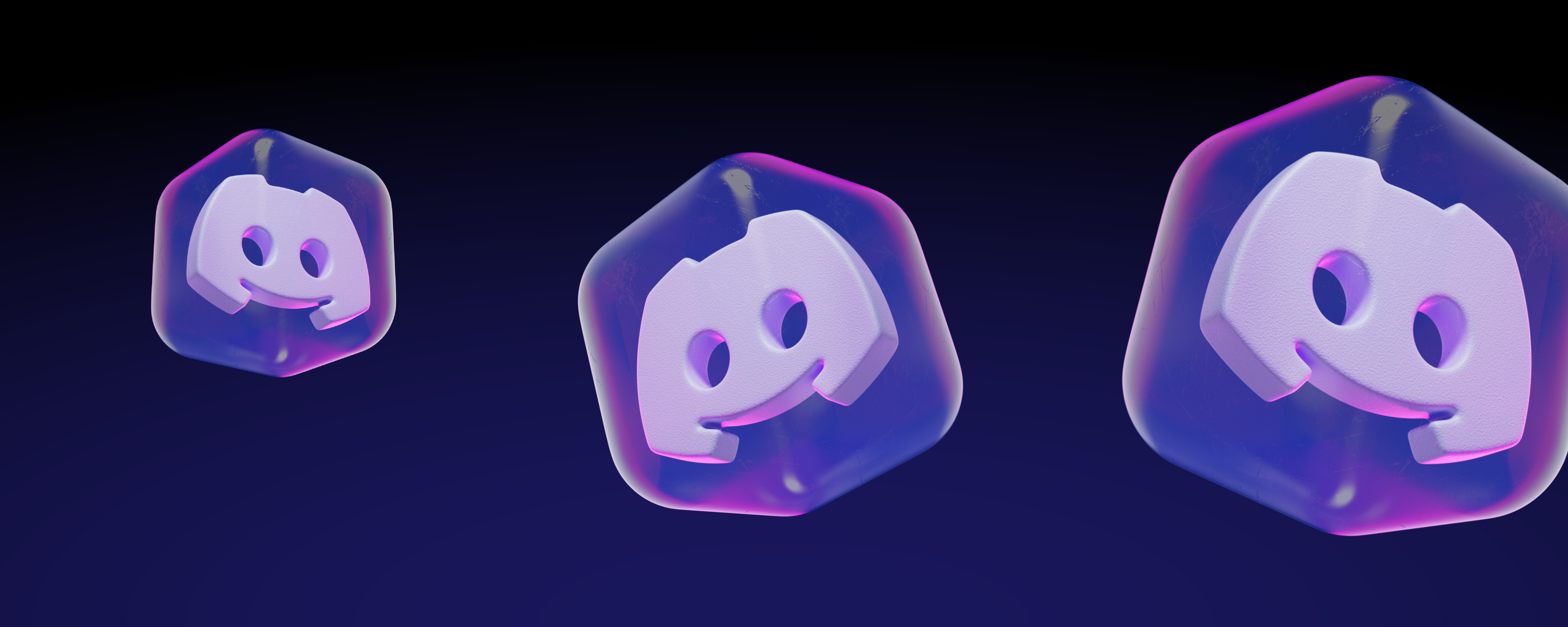 Three floating Discord logos encased in cubes. 
