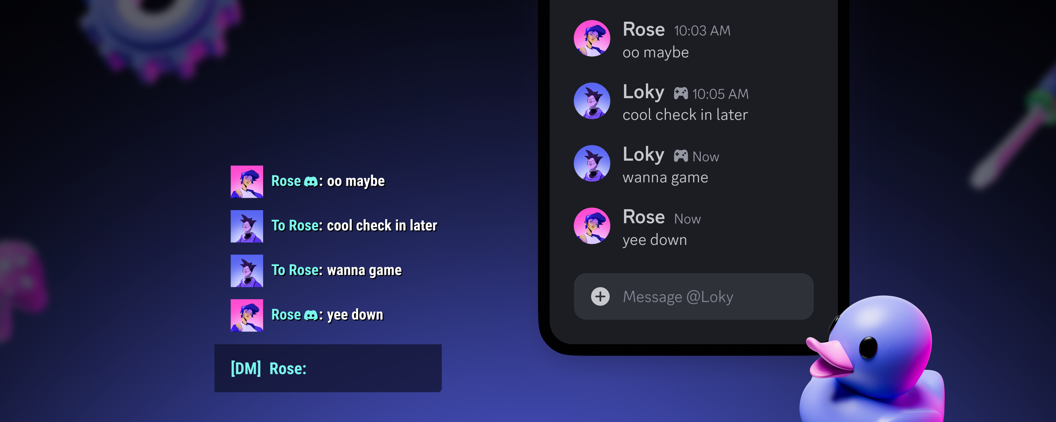 A Discord text conversation being shown simultaneously in Discord and in a video game’s text chat system.