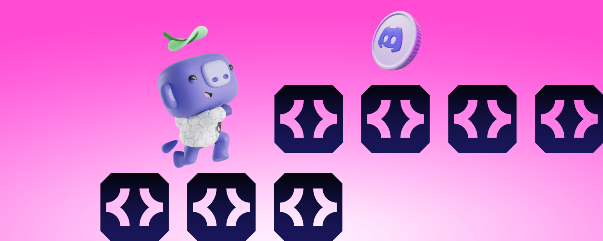 Wumpus running up a staircase made of Discord Developer logos. 