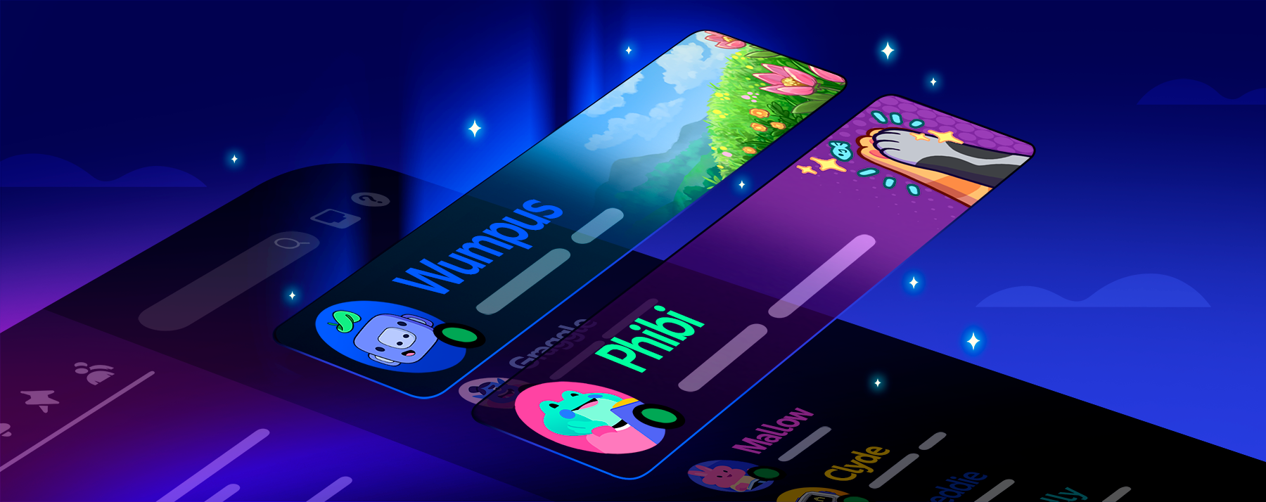 A stylized representation of two Nameplates bursting out of the Discord client. 