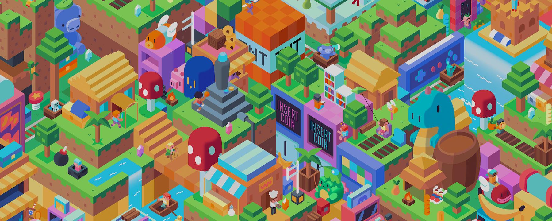 A stylized voxel scene of a gaming landscape. 