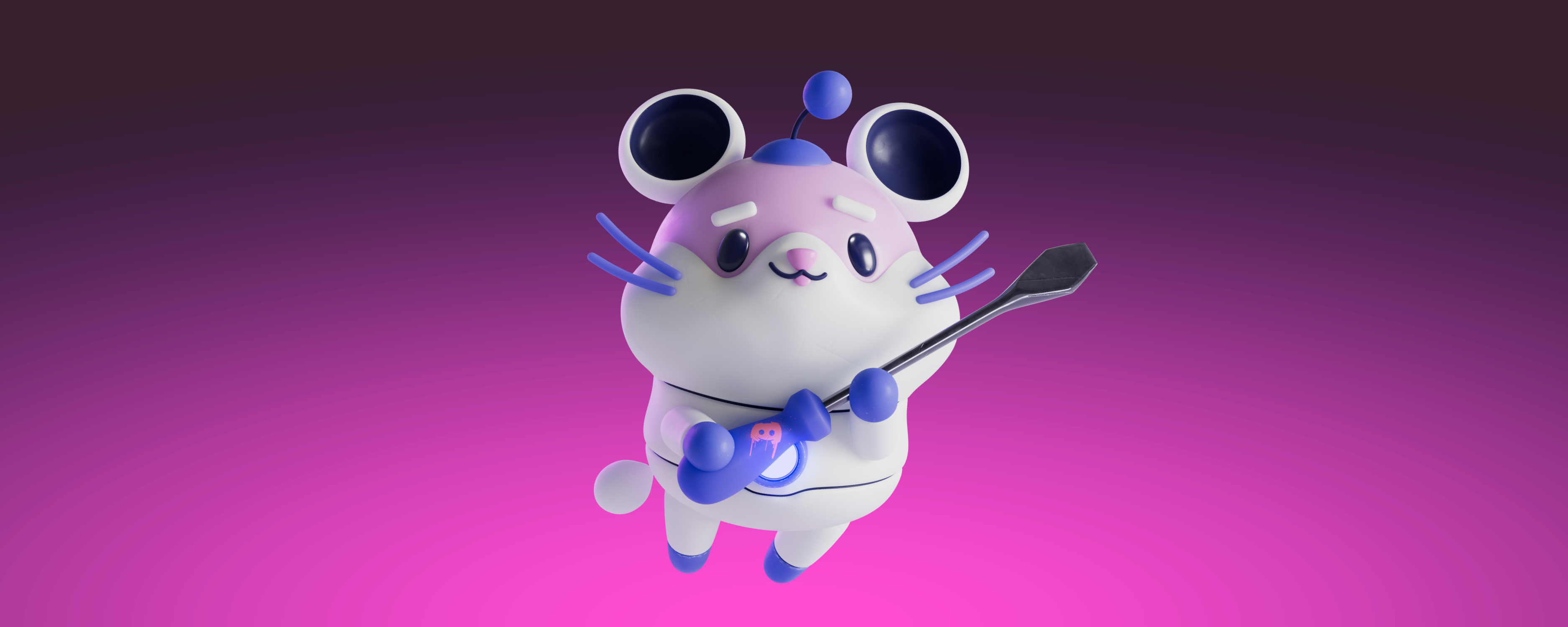 Nelly, a robot hamster, holding a flathead screwdriver.