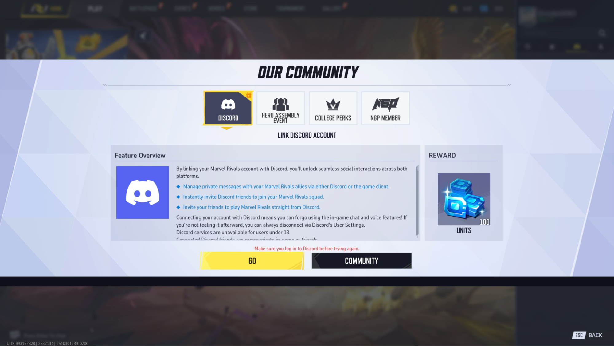 The Discord account linking option in Marvel Rivals. 