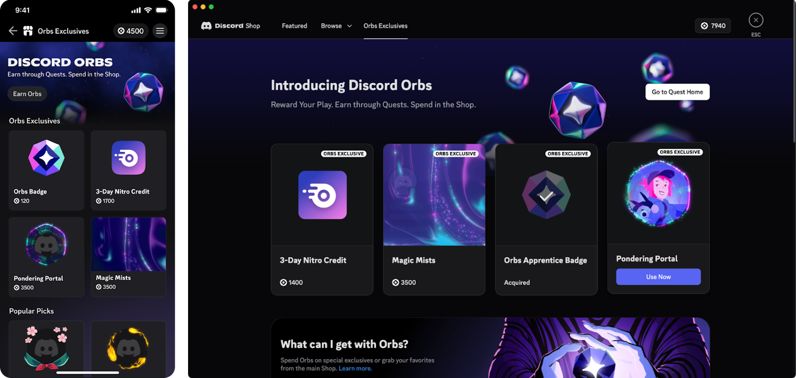 A preview of the Orbs-exclusive Shop items on desktop and mobile.