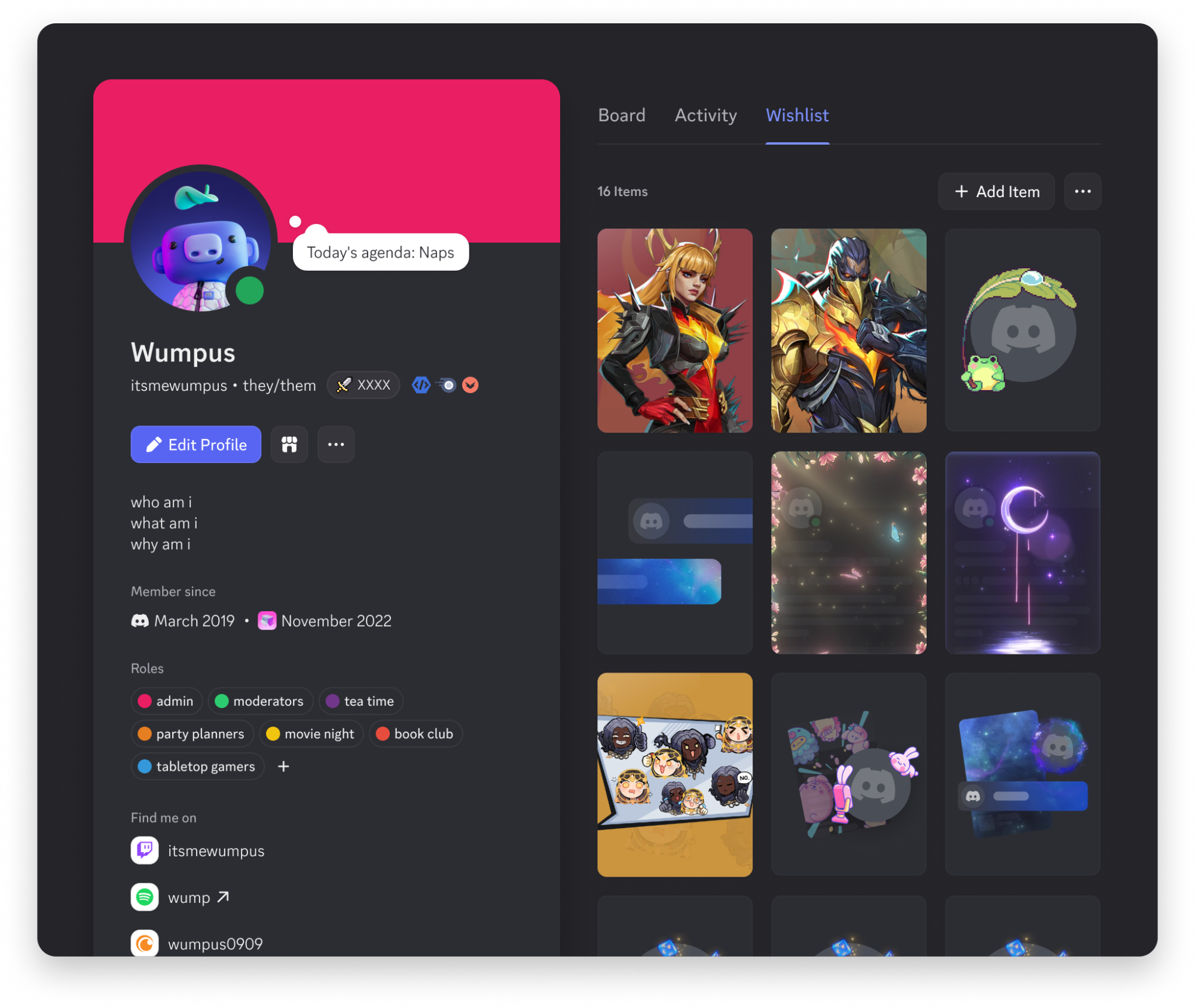 A user profile with the Wishlist feature displayed.