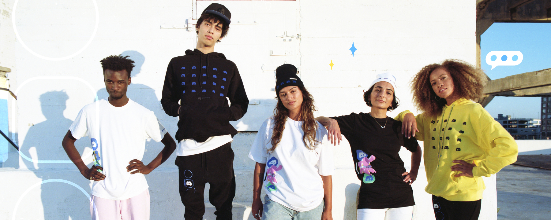 Five friends showing off their Discord merch.